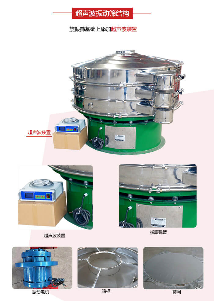 圓篩機(jī)內(nèi)部結(jié)構(gòu)：主要由振動(dòng)電機(jī)、篩框、篩網(wǎng)、超聲波系統(tǒng)、減震彈簧等展示圖