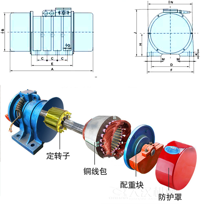 YZS振動電機內(nèi)部主要部件：定轉(zhuǎn)子，銅線包，配重塊，防護罩。