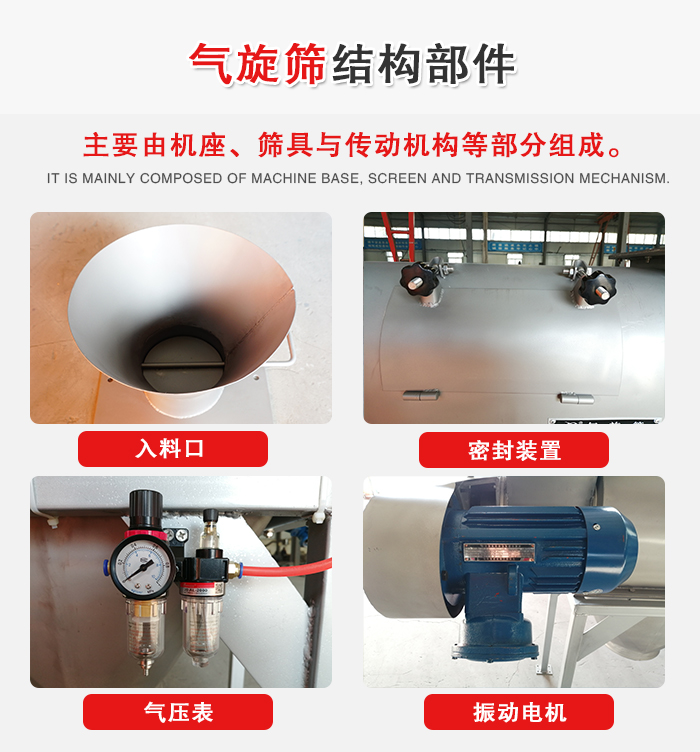 氣旋篩結構：入料口，密封裝置，電機，氣壓表等